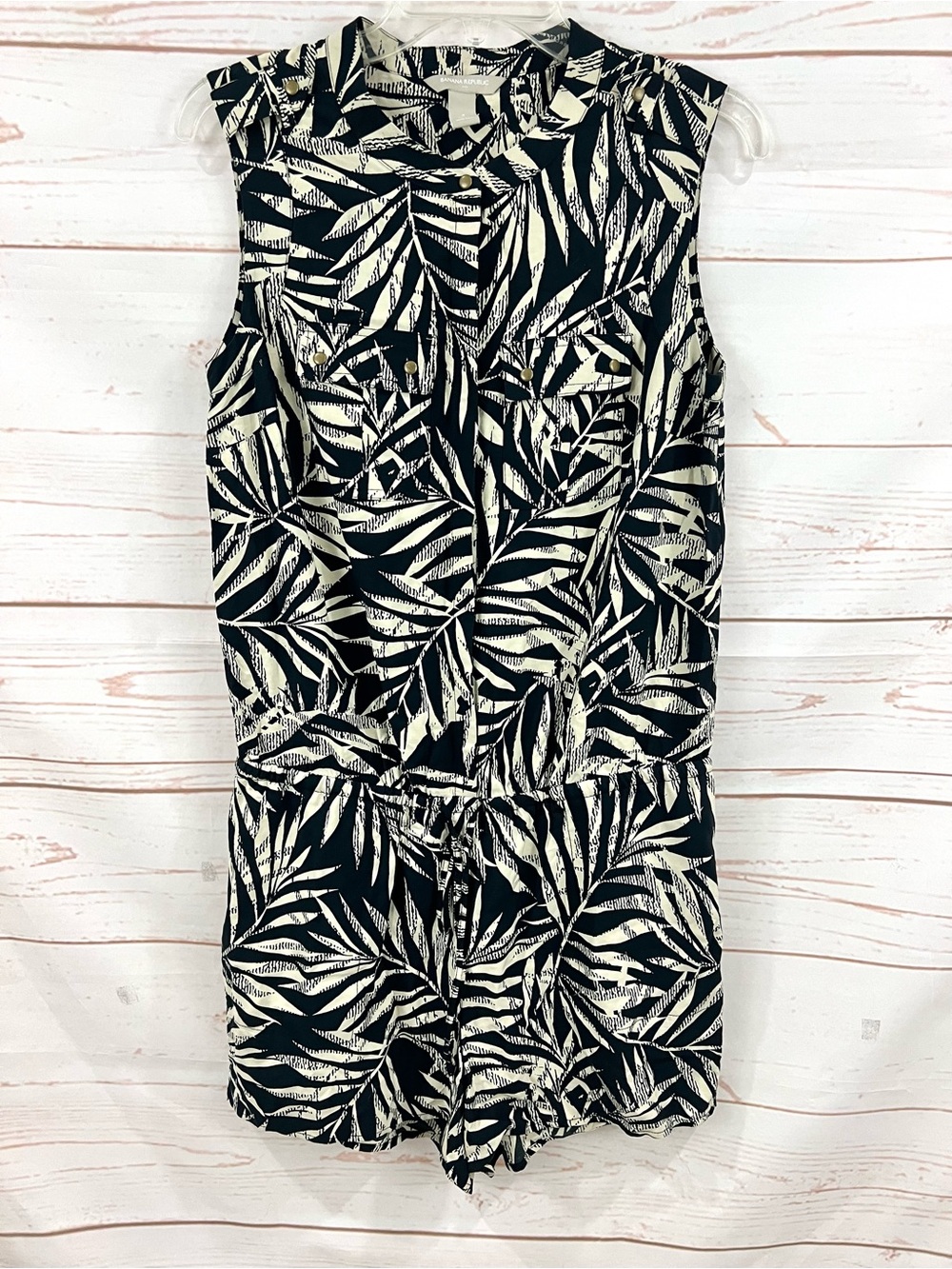 Banana Republic Sleeveless Tropical Palm Print Button Front Romper